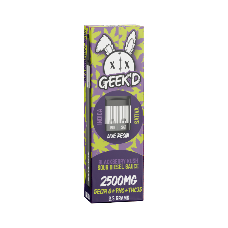 Weed Pen – Blackberry Kush & Sour Diesel Sauce Live Resin D8 Disposable + PHC + THCJD – 2.5g – By Geek’d