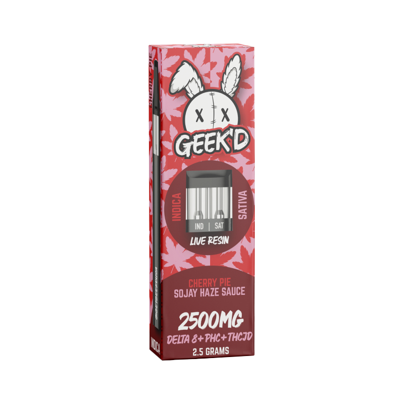 Weed Pen – Cherry Pie & Sojay Haze Sauce Live Resin D8 Disposable + PHC + THCJD – 2.5g – By Geek’d