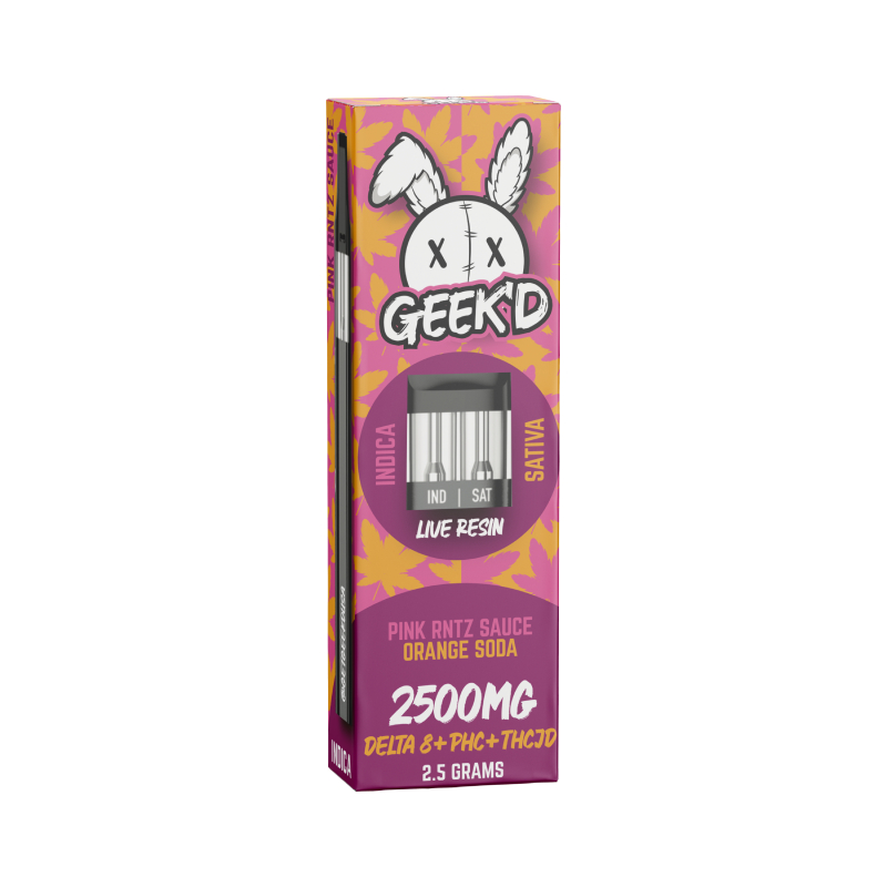 Weed Pen – Pink RNTZ Sauce & Orange Soda Live Resin D8 Disposable + PHC + THCJD – 2.5g – By Geek’d