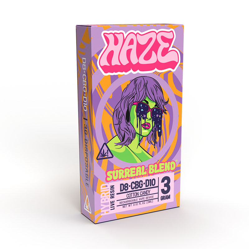 THC Vape Pen – D8:CBG:D10 Device – Hybrid Surreal Blend Cotton Candy – 3g – By Haze